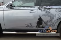 Защита порогов для Mitsubishi Outlander 2012, (труба), d76 мм, с накладками, пластиковые заглушки Пороги на Mitsubishi Outlander из нержавеющей стали