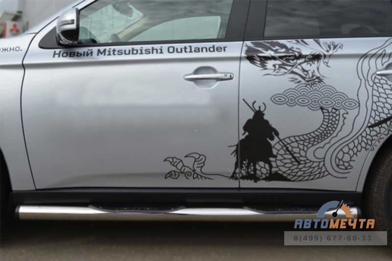 Защита порогов для Mitsubishi Outlander 2012, (труба), d76 мм, с накладками, пластиковые заглушки Пороги на Mitsubishi Outlander из нержавеющей стали